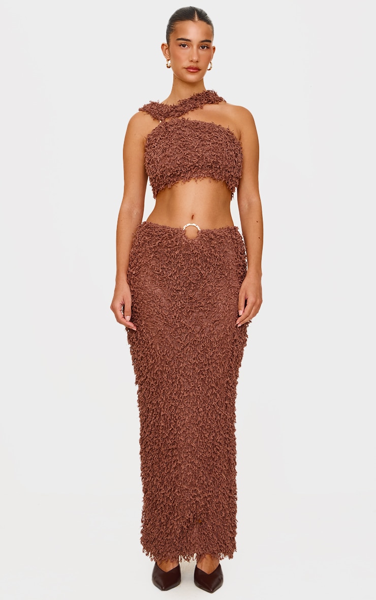 Chocolate Brown Fluffy Textured Trim Detail Low Rise Maxi Skirt image 1
