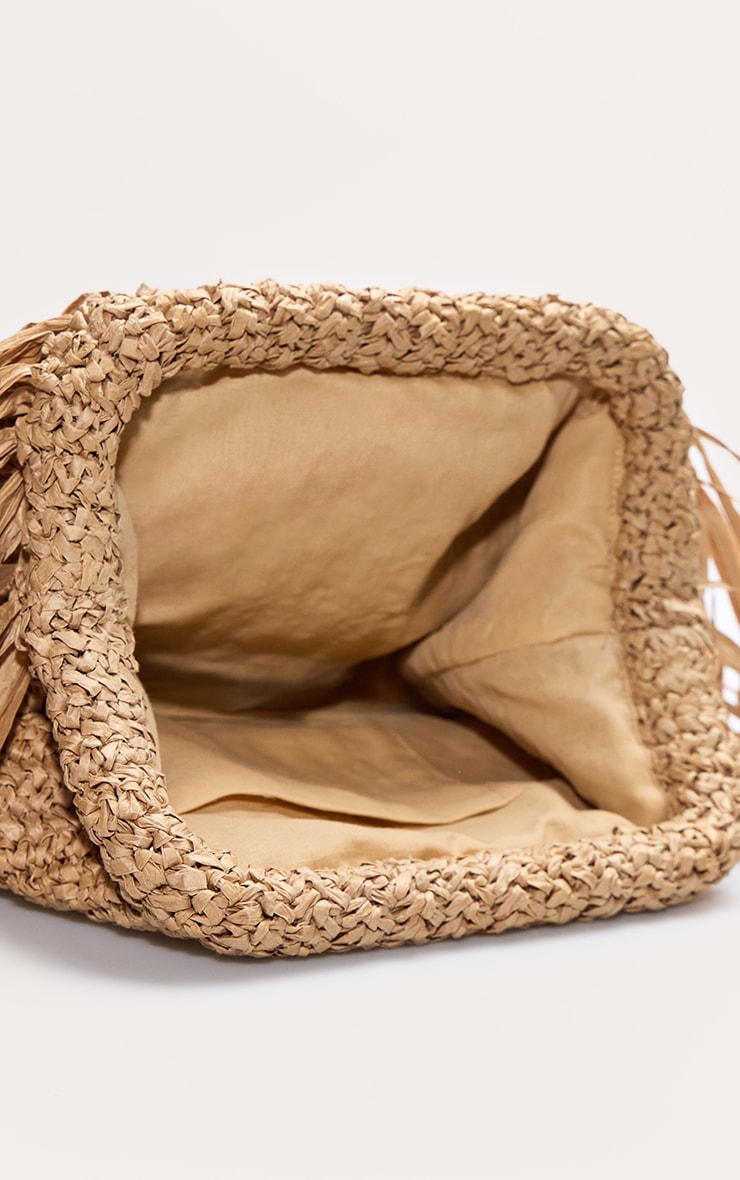Camel Slouchy Raffia Fringe Clutch image 4