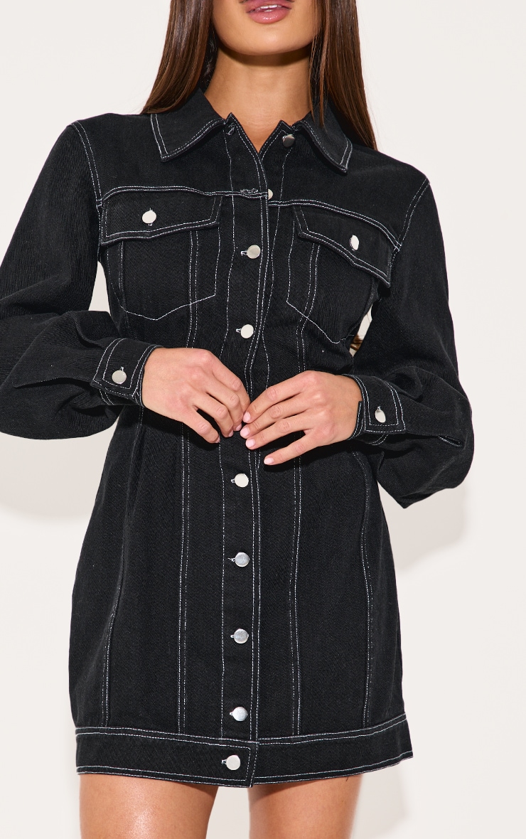 Indigo Twill Contrast Stitch Button Bodycon Dress image 4
