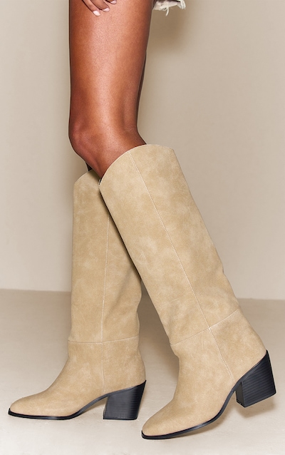 Stone Nubuck Block Heel Knee High Boot