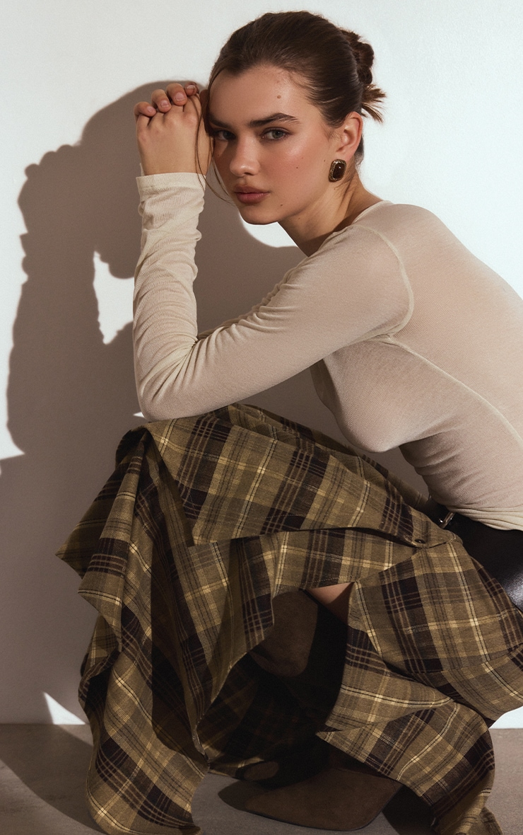 Green Check Brushed Woven Asymmetric Midi Skirt image 4