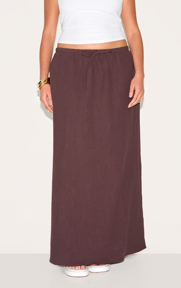 Plus Chocolate Premium Linen Drawstring Maxi Skirt image 1