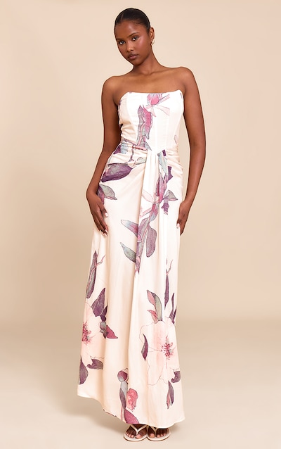 Robe bustier longue gris pierre fleurie drapée à détail corset