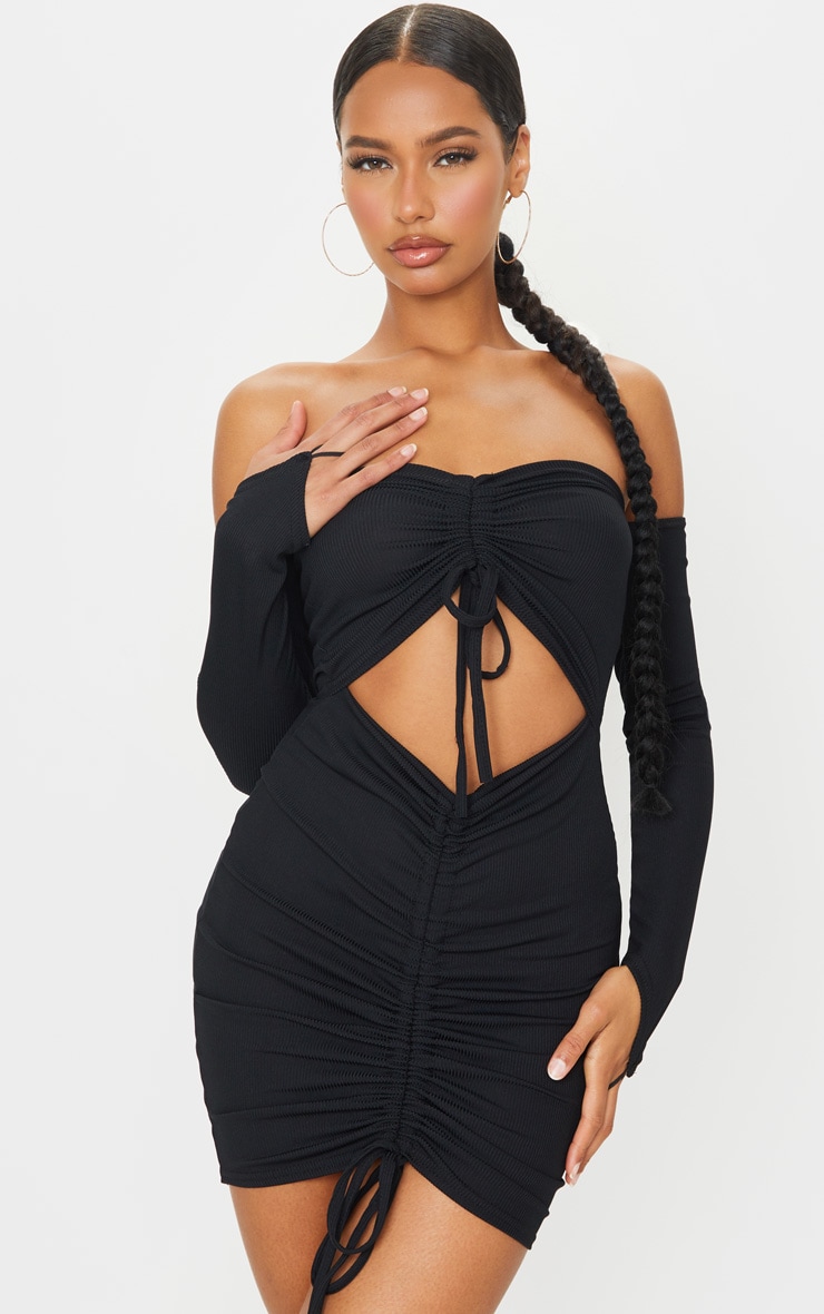 Black Ribbed Double Ruched Bandeau Bodycon Dress
