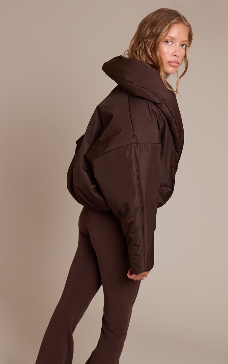 Dark Chocolate Exaggerated Collar Shell Puffer Jacket image 2