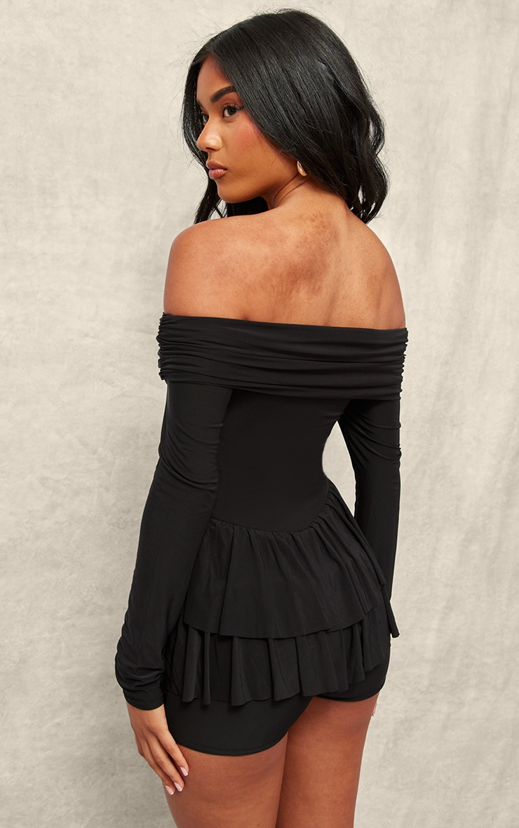 Black Slinky Long Sleeve Bardot Rara Skort Romper