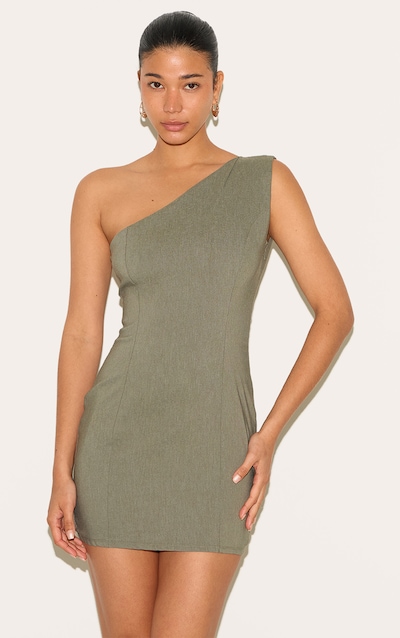 Mini robe moulante tissée stretch kaki à épaule unique