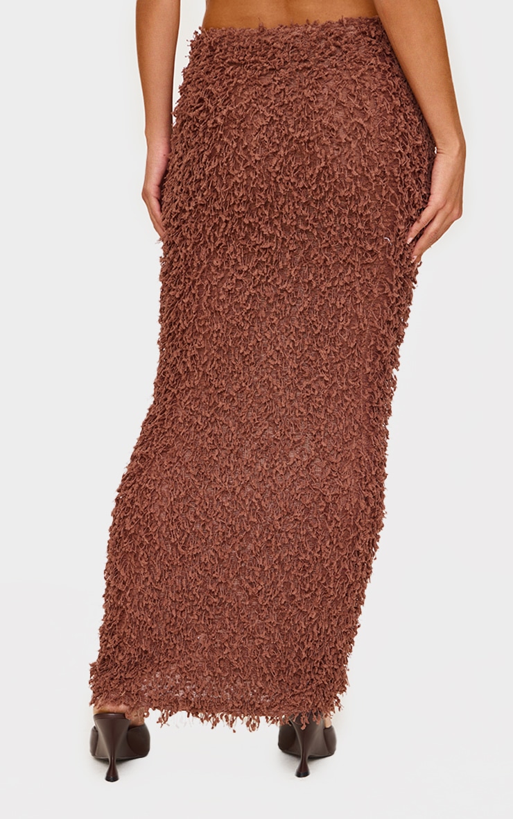 Chocolate Brown Fluffy Textured Trim Detail Low Rise Maxi Skirt image 3