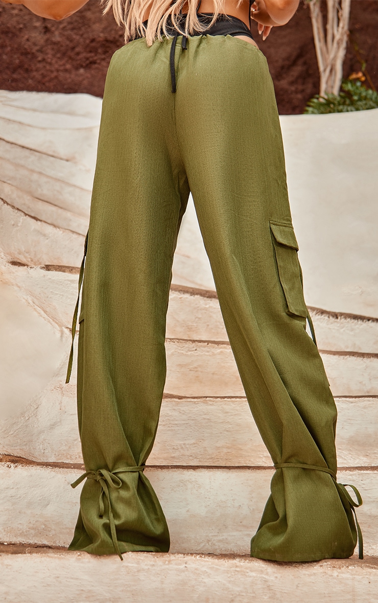 Khaki Low Rise Pocket Detail Tie Hem Straight Leg Cargo Pants image 3