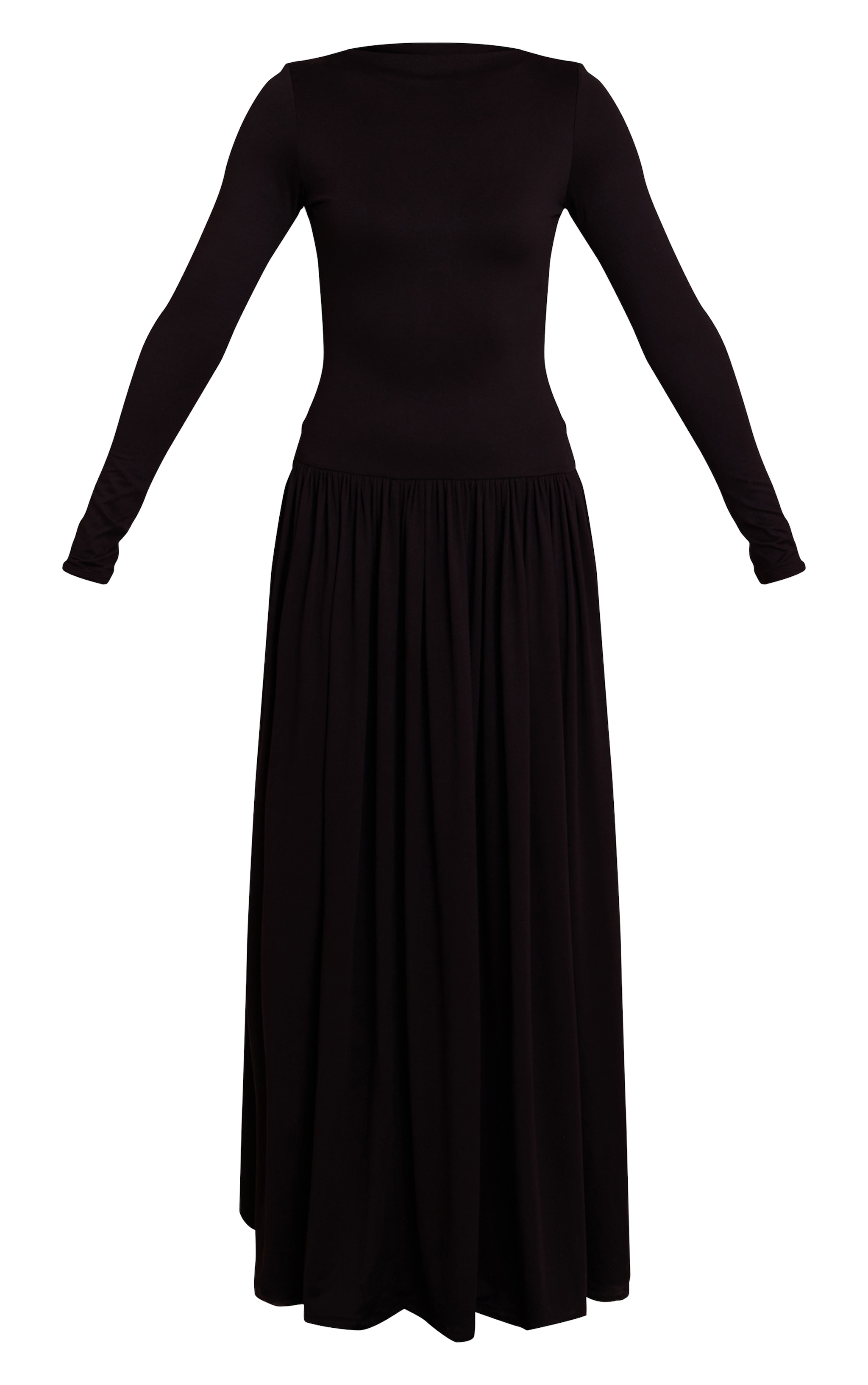 Black Double Layer Jersey Dropped Waist Long Sleeve Maxi Dress image 5