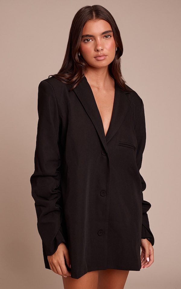 Black Tailored Woven Ruched Sleeve Blazer Dress
