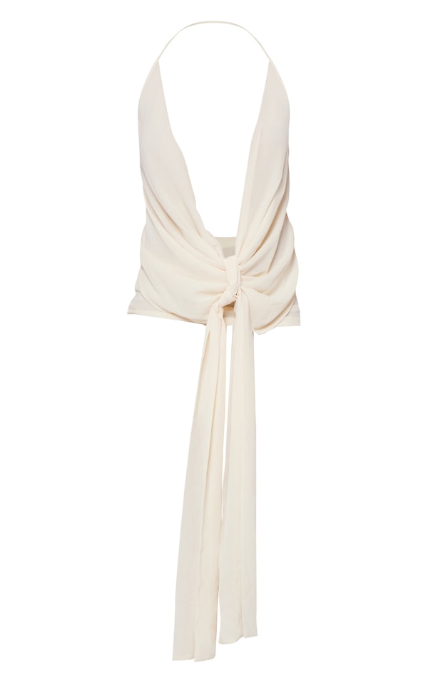 Buttercream Chiffon Draped Tie Detail Halter Neck Long Top