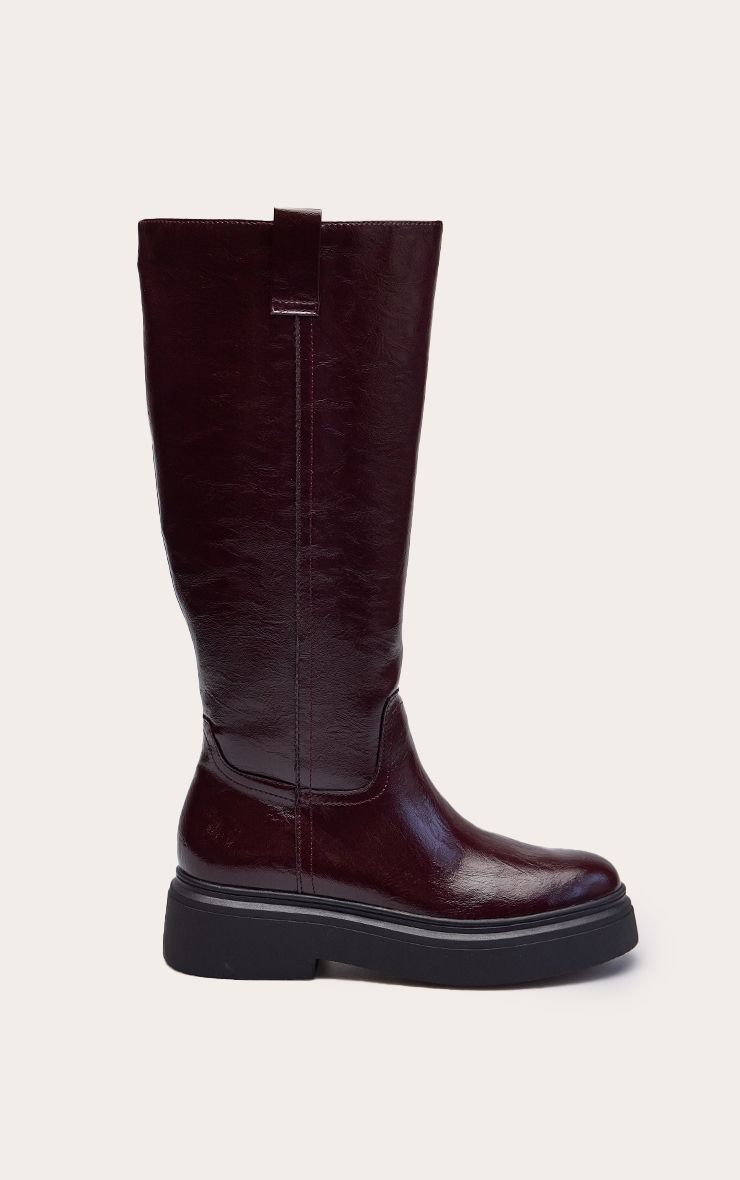 Burgundy Crinkle Chunky Straight Shaft Knee Boot