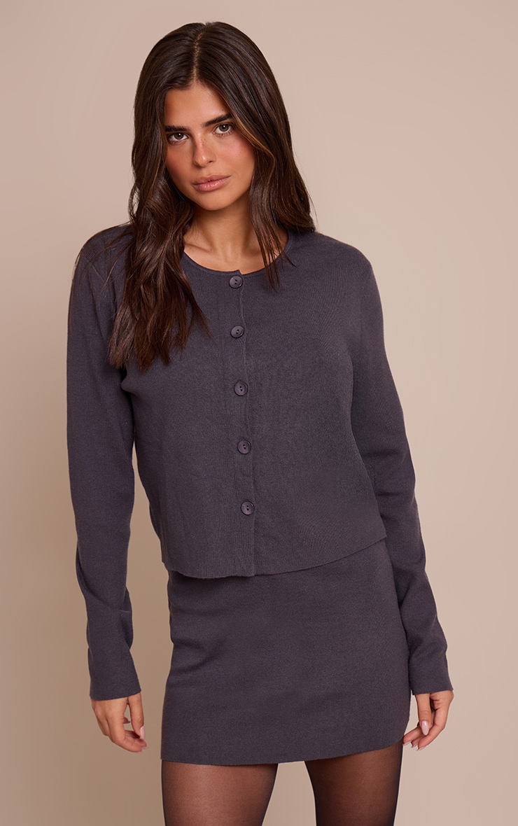 Charcoal Compact Knit Collarless Cardigan