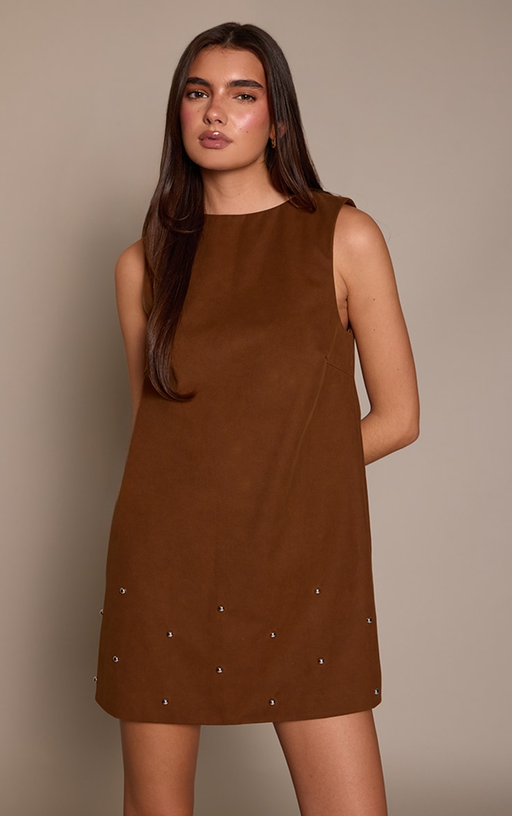 Brown Faux Suede Stud Detail Boxy Shift Dress image 3
