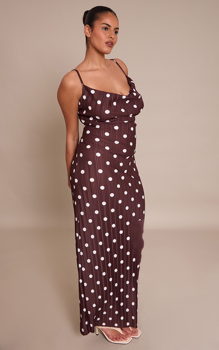 Plus Chocolate Polka Dot Printed Plisse Cowl Neck Maxi Dress image 3