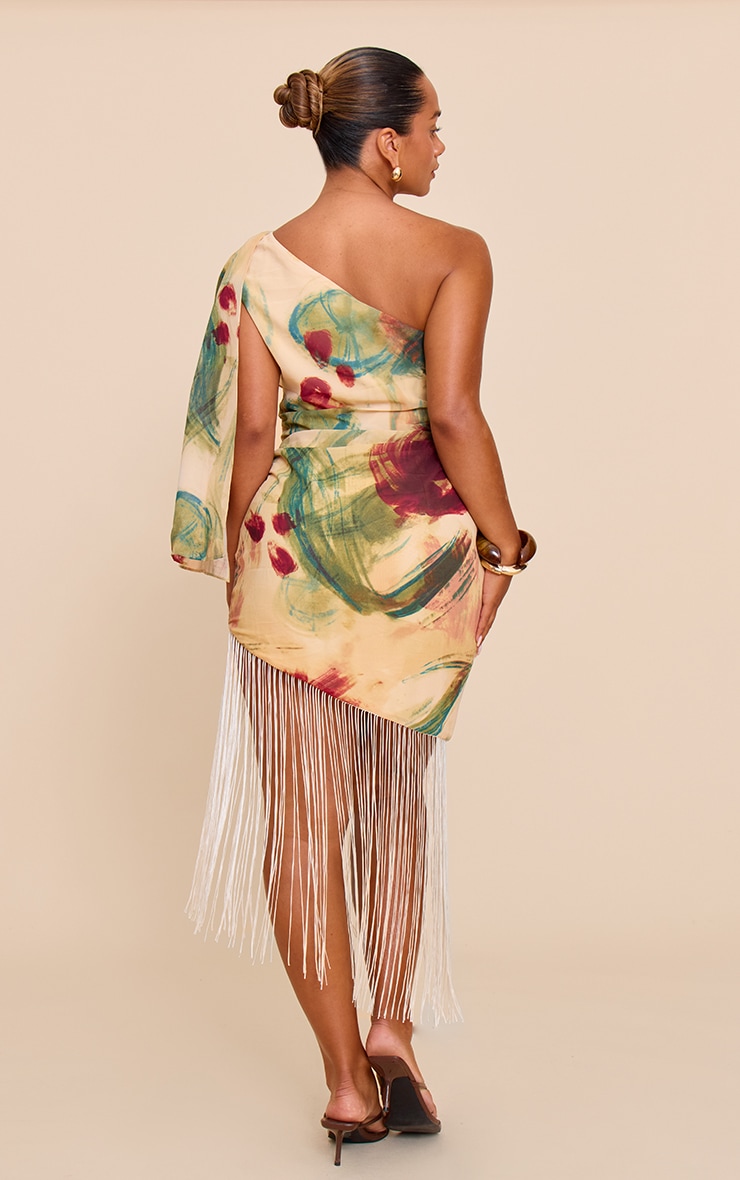 Shape Olive Abstract Print Fringe Hem One Shoulder Mini Dress image 2