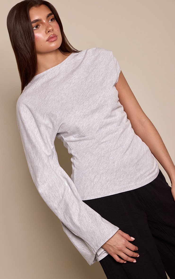 Grey Cotton One Sleeve Detail T-Shirt image 4