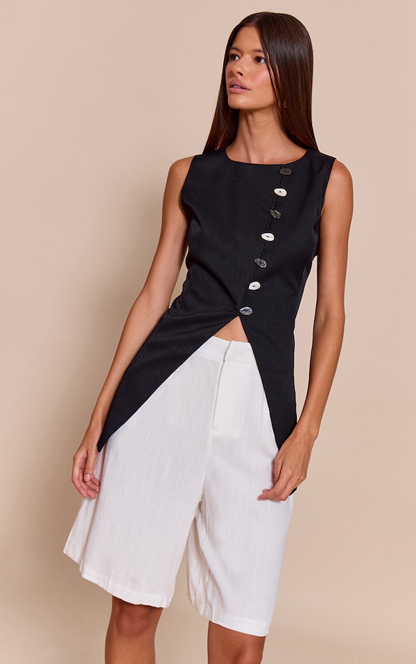 Black Woven Asymmetric Trim Detail Vest