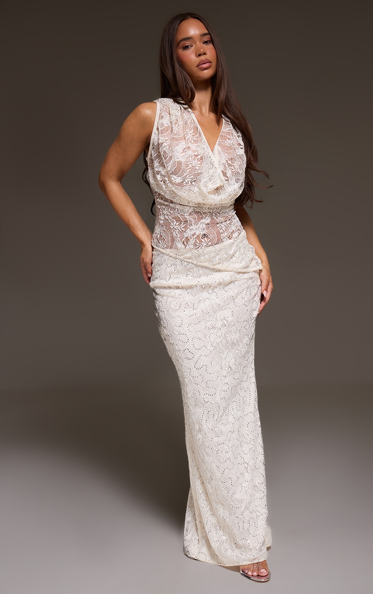 Cream Sequin Lace Sleeveless Cowl Front Top image 3