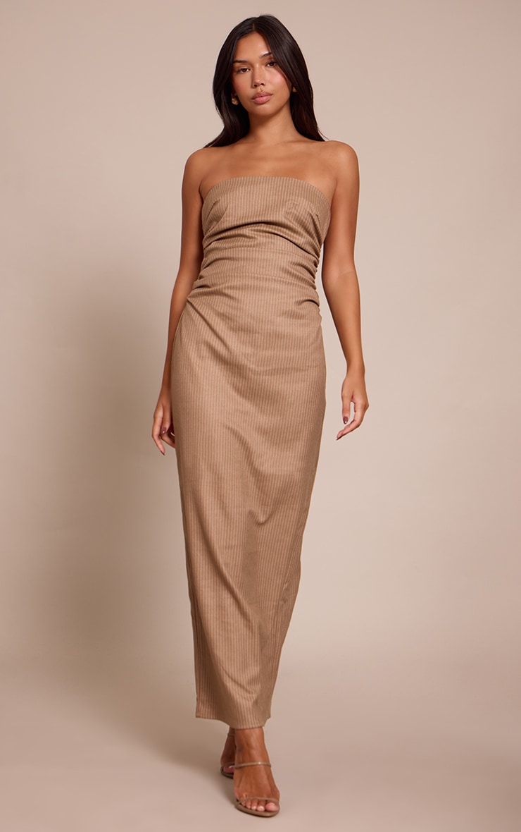 Stone Pinstripe Bandeau Ruched Detail Maxi Dress image 1