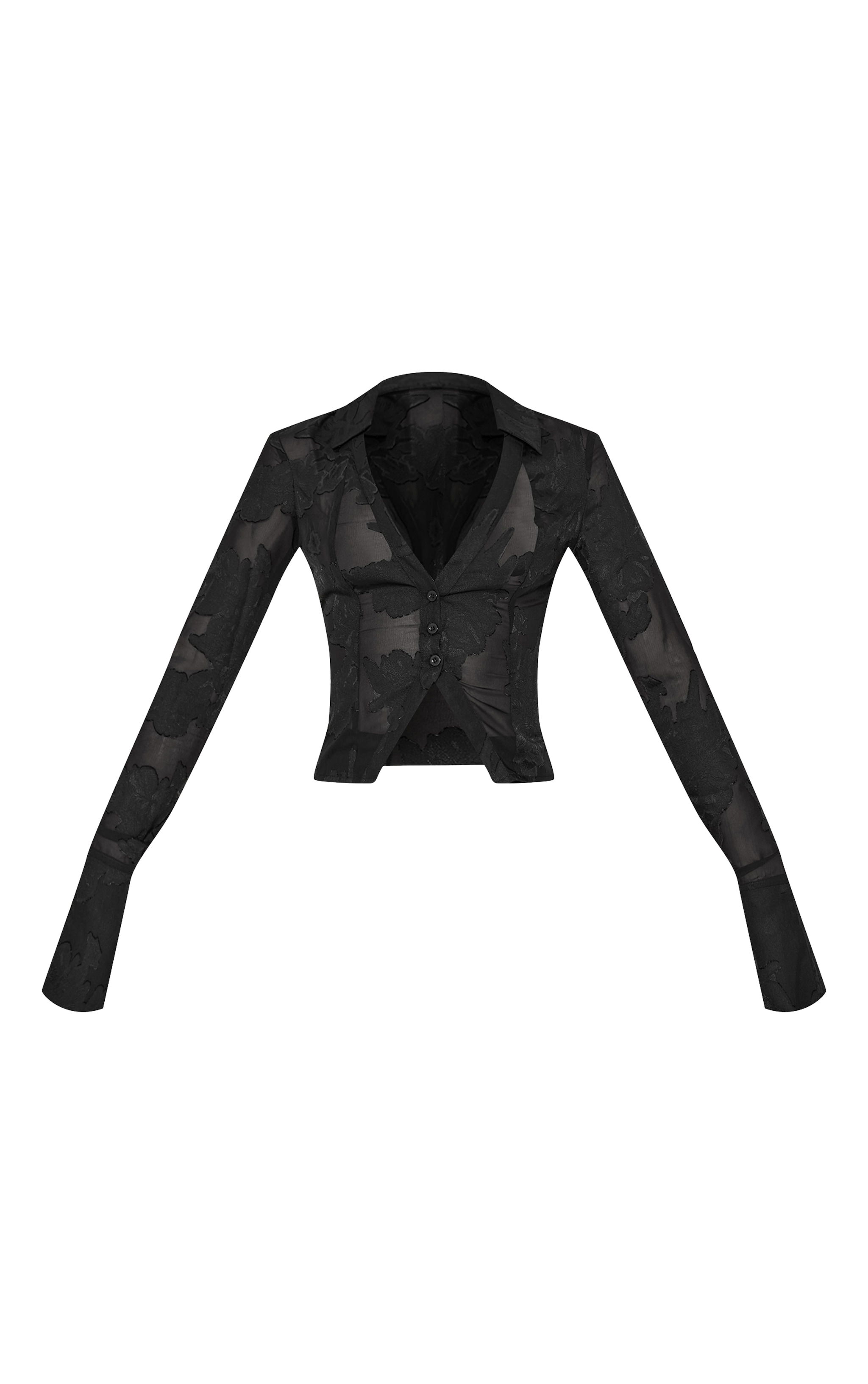 Tall Black Sheer Mesh Floral Fitted Shirt image 5