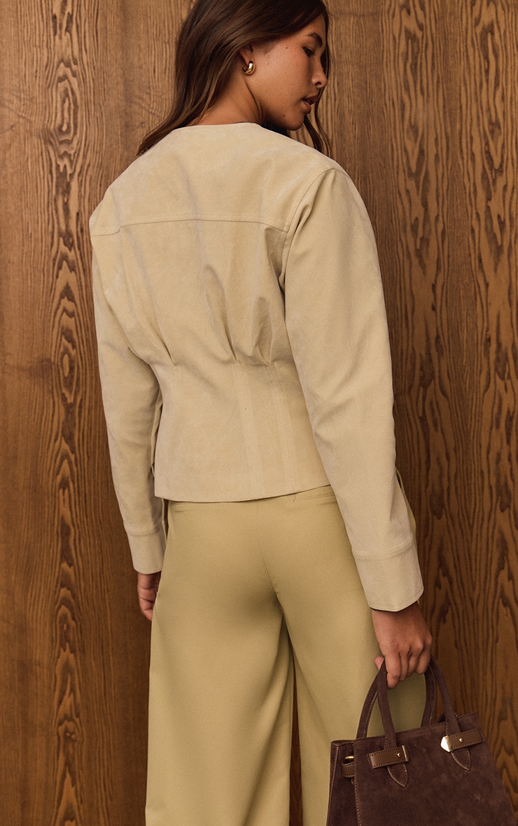 Ecru Faux Suede Covered Button Cinch Waist Jacket image 2