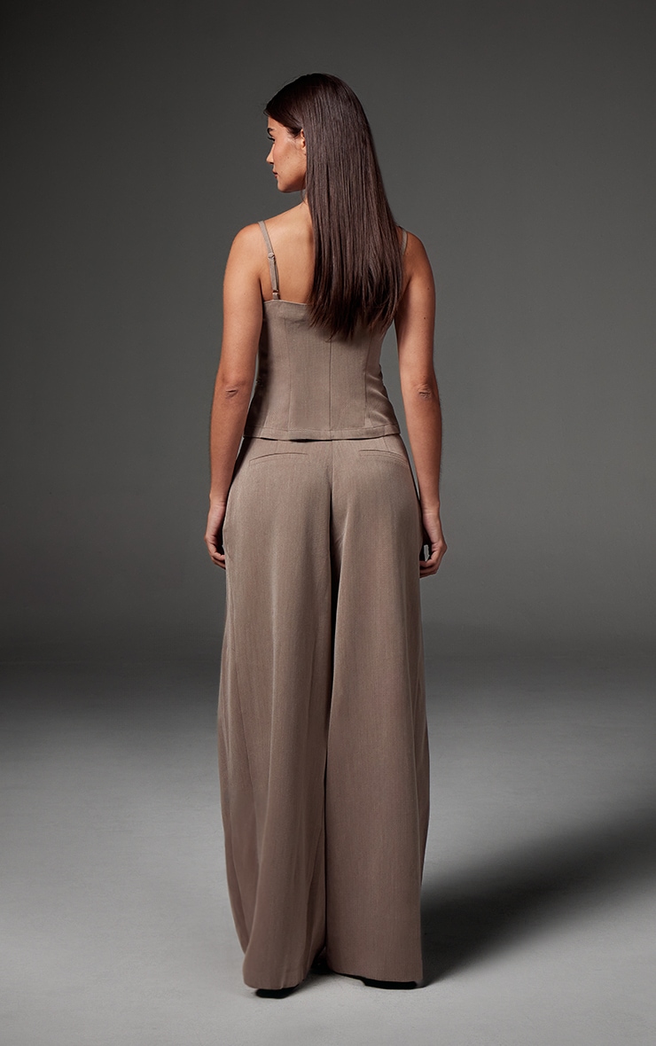 Premium Taupe Woven Pleated Waistband Extreme Wide Leg Pants image 3
