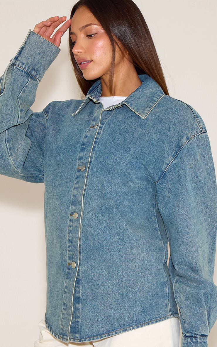 Tall Vintage Balloon Sleeve Curved Hem Denim Shirt image 4