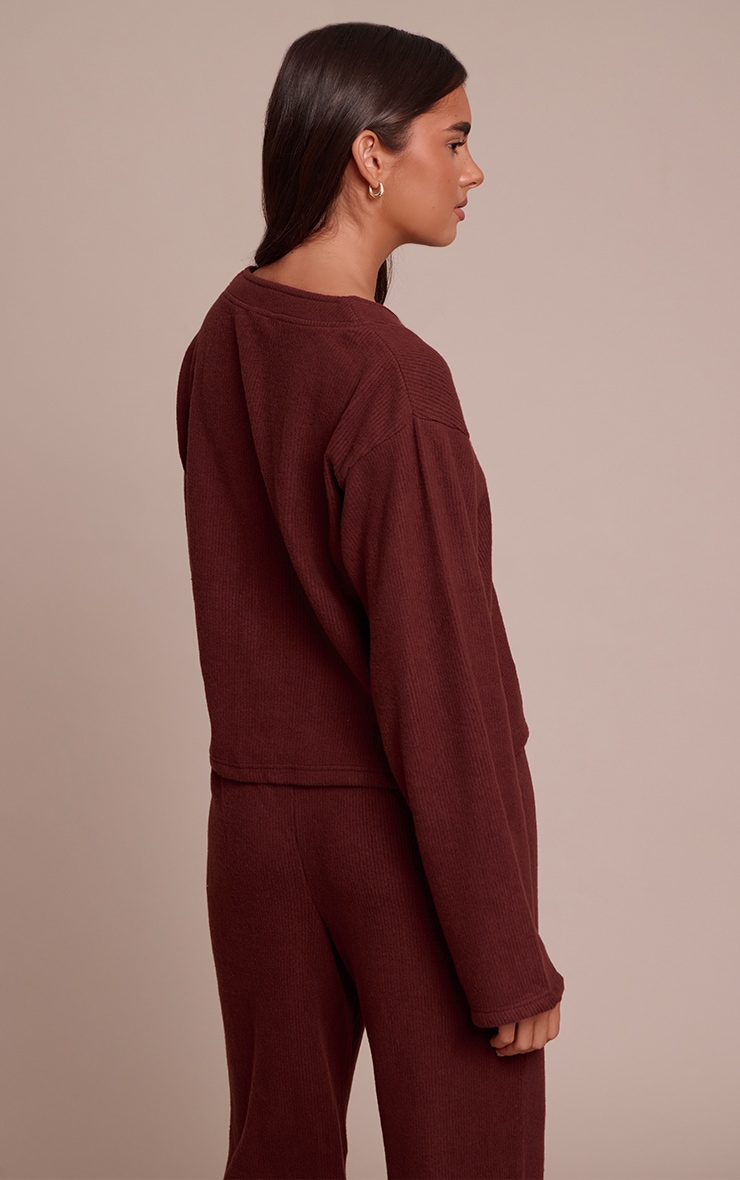 Chocolate Brown Soft Brushed Chunky Rib Boxy Cardigan image 2