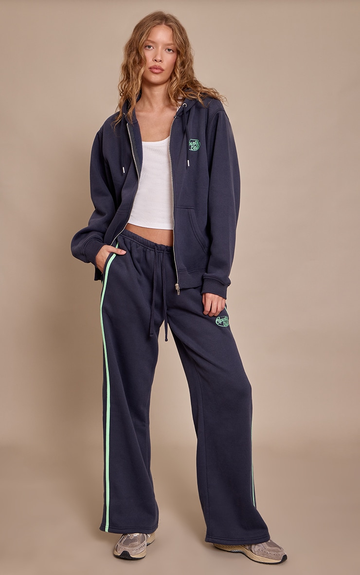 Hoodie oversize en coton polaire bleu marine imprimé "Sports Club" à zip image 3