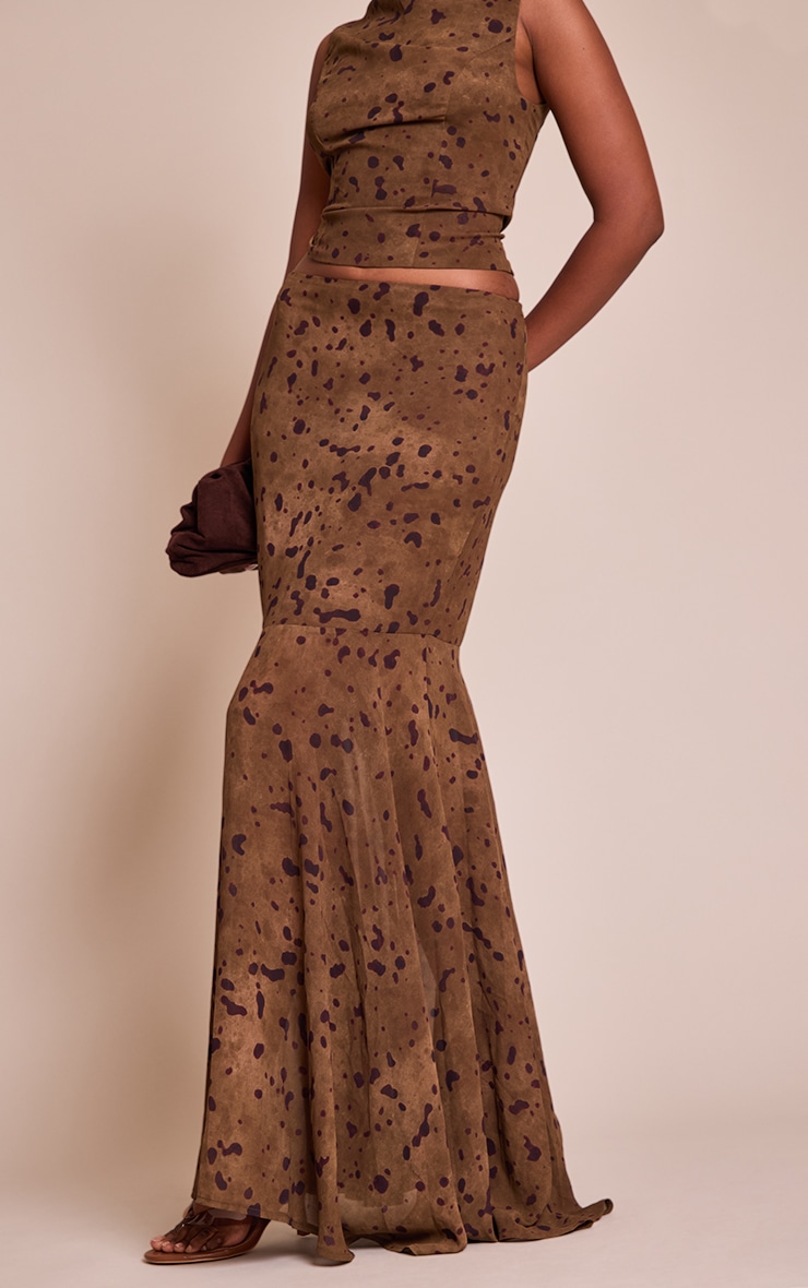 Khaki Abstract Print Chiffon Fishtail Maxi Skirt image 2