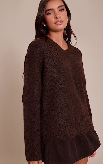 Chocolate V Neck Rib Detail Jumper