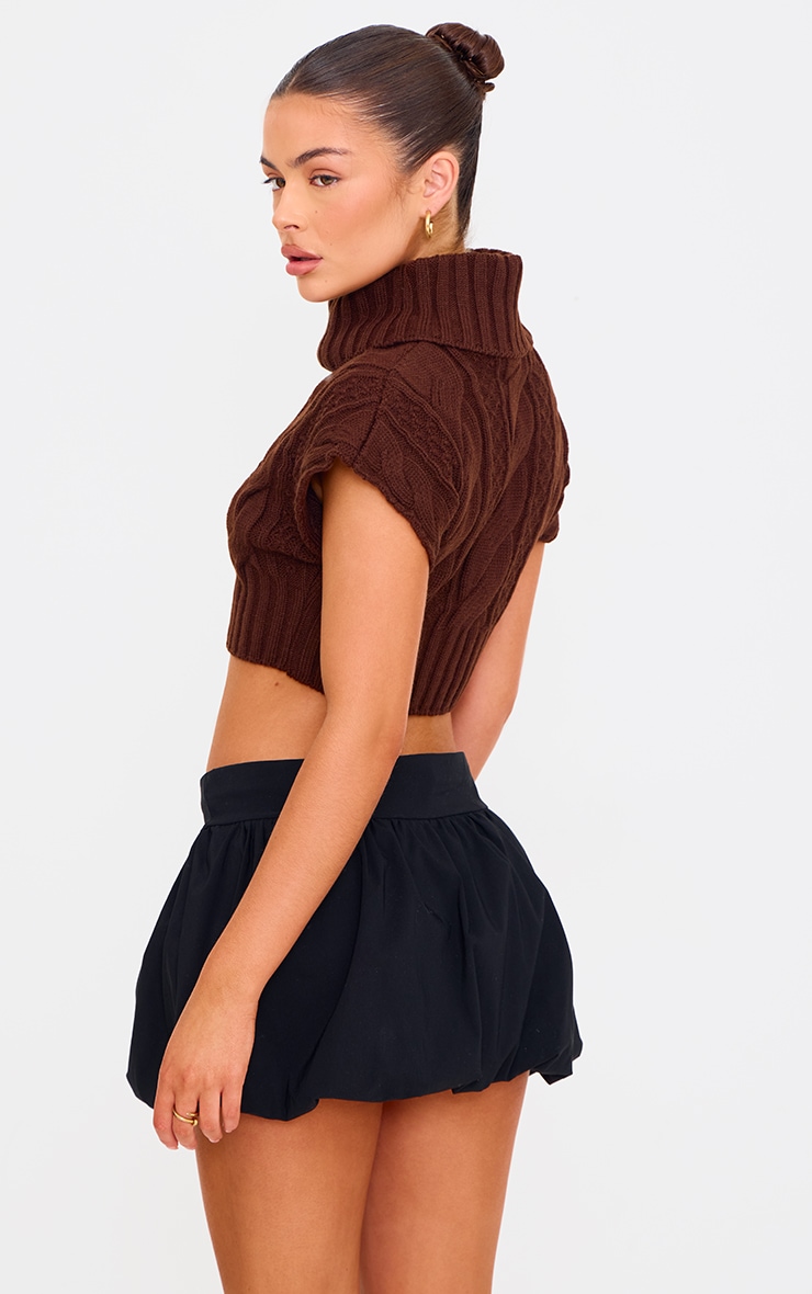 Chocolate Cable Knit Roll Neck Cap Sleeve Cropped Vest image 2