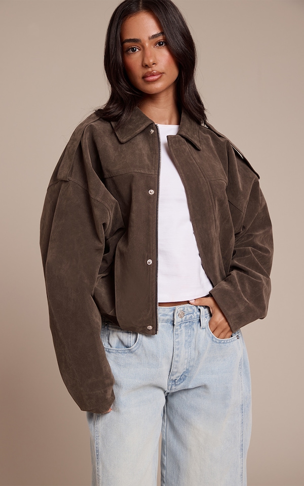 Petite Khaki Faux Suede Oversized Zip Up Jacket
