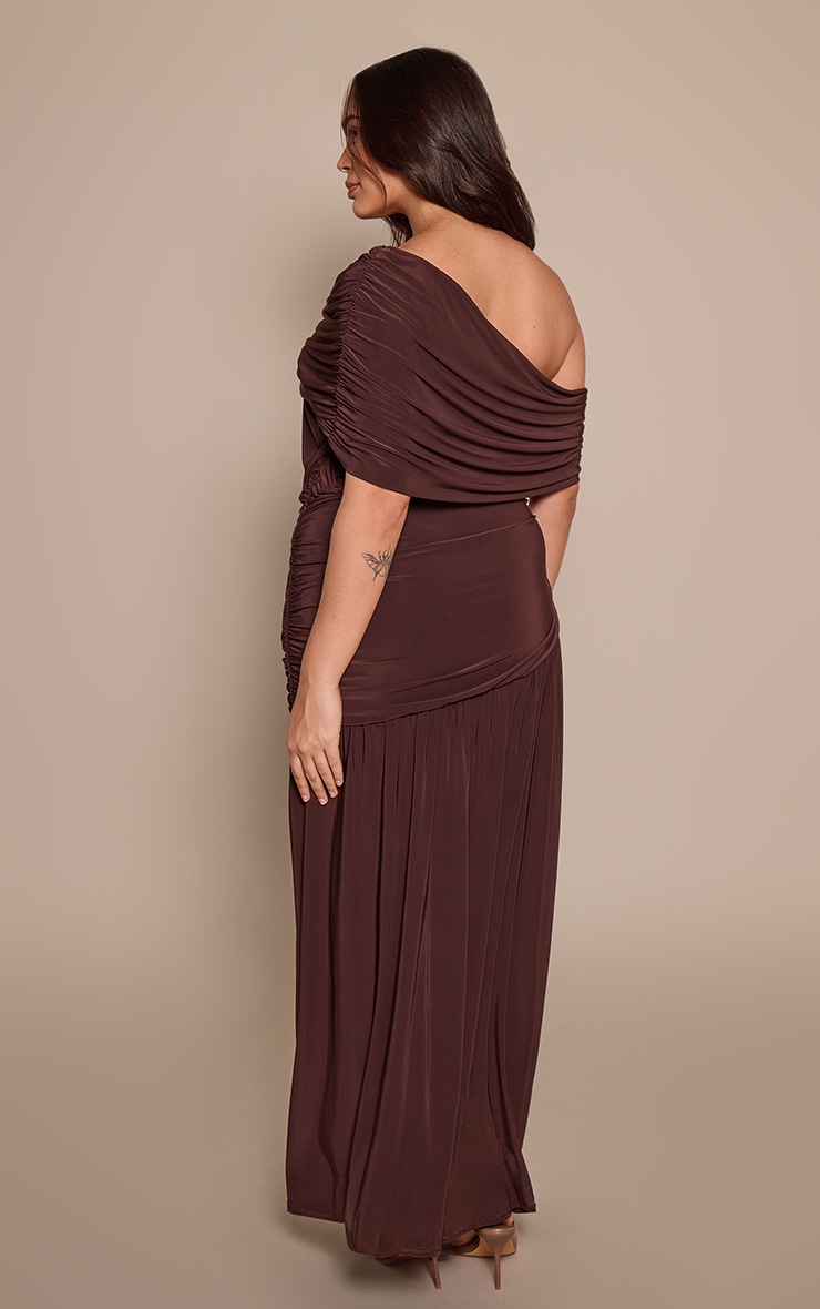 Plus Chocolate Double Layer Slinky Bardot Ruched Maxi Dress image 2