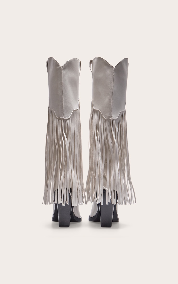White PU Point Toe Tassel Fringed Block Heel Knee Western Boots image 3