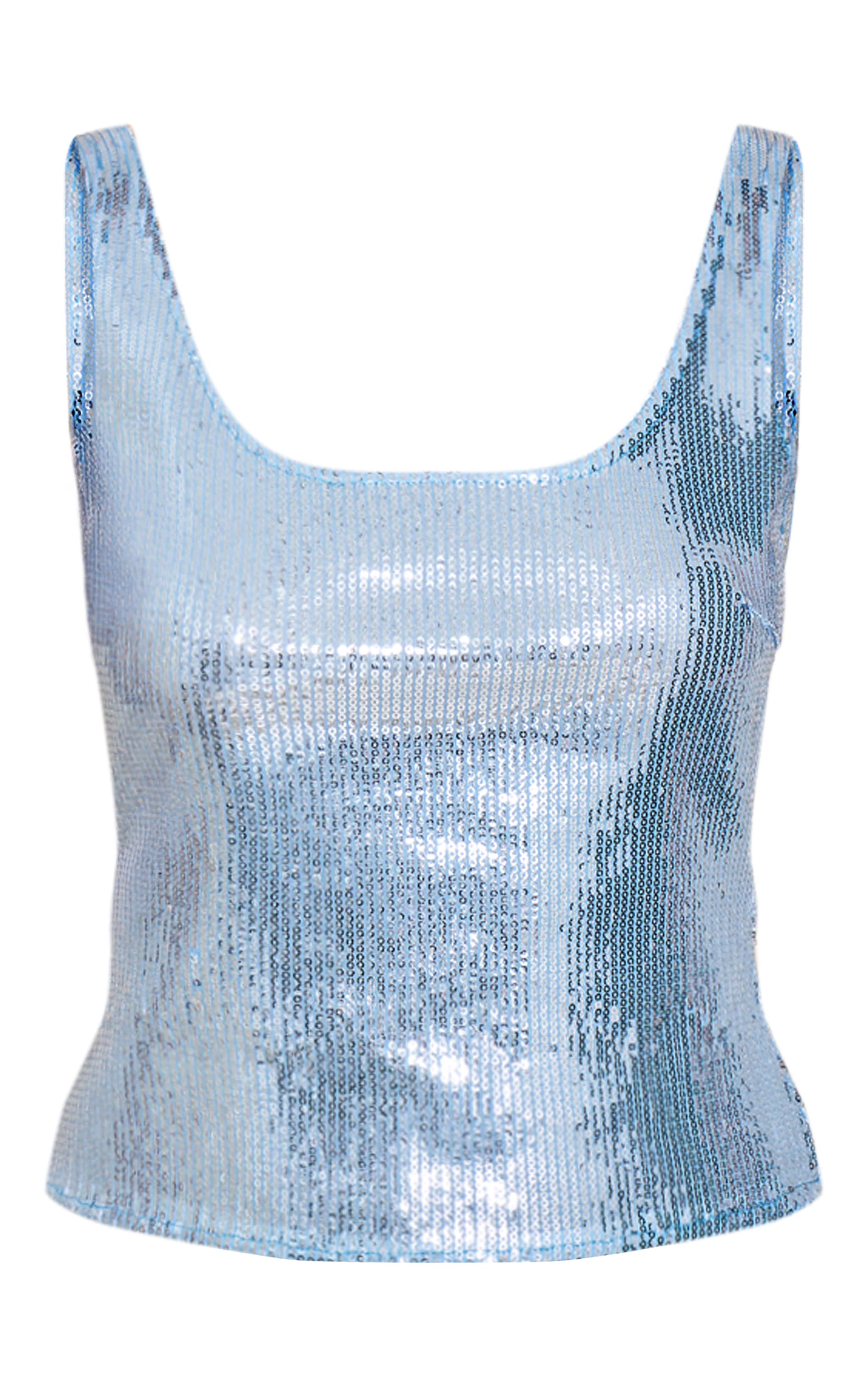 Sky Blue Sequin Scoop Neck Long Top image 5