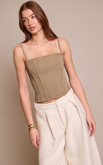 Mushroom Contrast Woven Strappy Corset