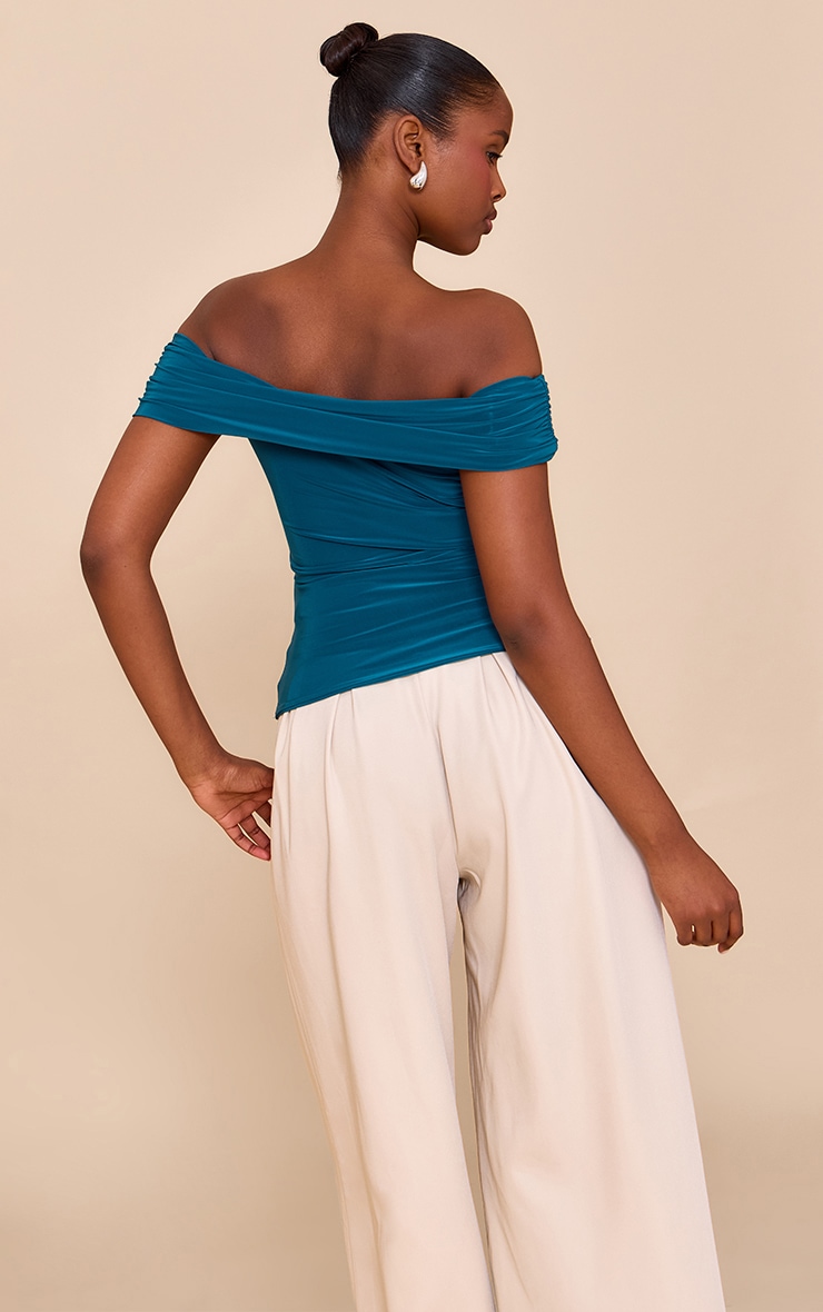 Teal Double Layer Slinky Trim Detail Bardot Long Top image 2