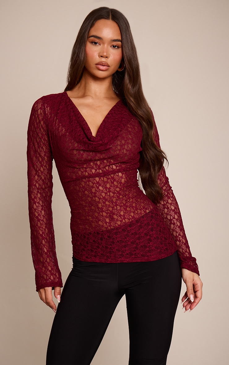 Plum Sheer Lace Cowl Neck Long Sleeve Top