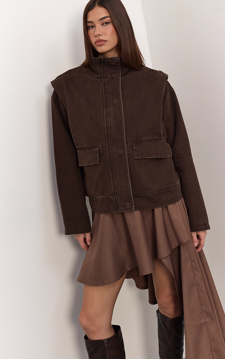 Chocolate Funnel Neck Pocket Detail Denim Jacket  image 2