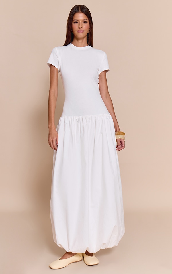 White Dropped Waist T Shirt Puff Ball Hem Maxi Dress