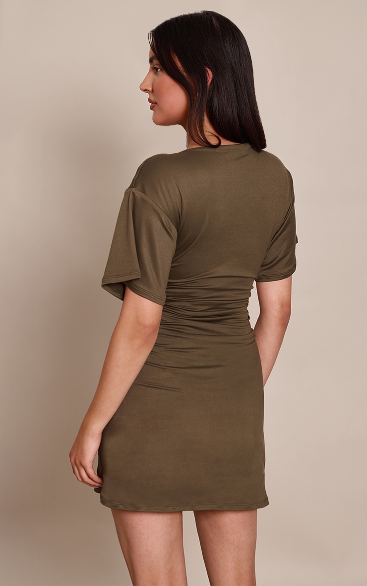 Khaki Jersey Cinched Waist Mini Dress image 2