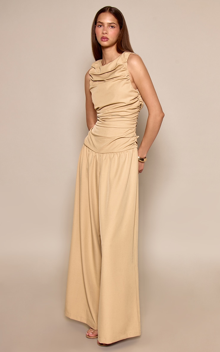 Camel Woven Ruched Drop Waist Jumpsuit image 1