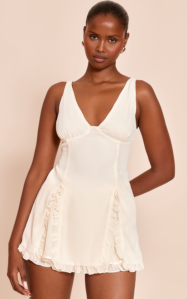 Cream Chiffon Frill Pleated Detail Romper