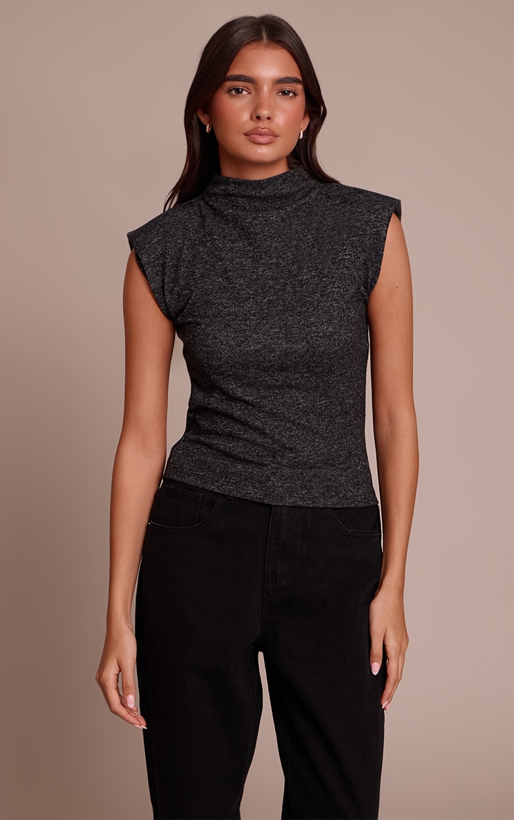 Charcoal Soft Knit Shoulder Detail High Neck Long Top image 1