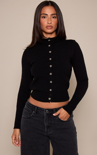 Petite Black Compact Knit Button Up Cardigan