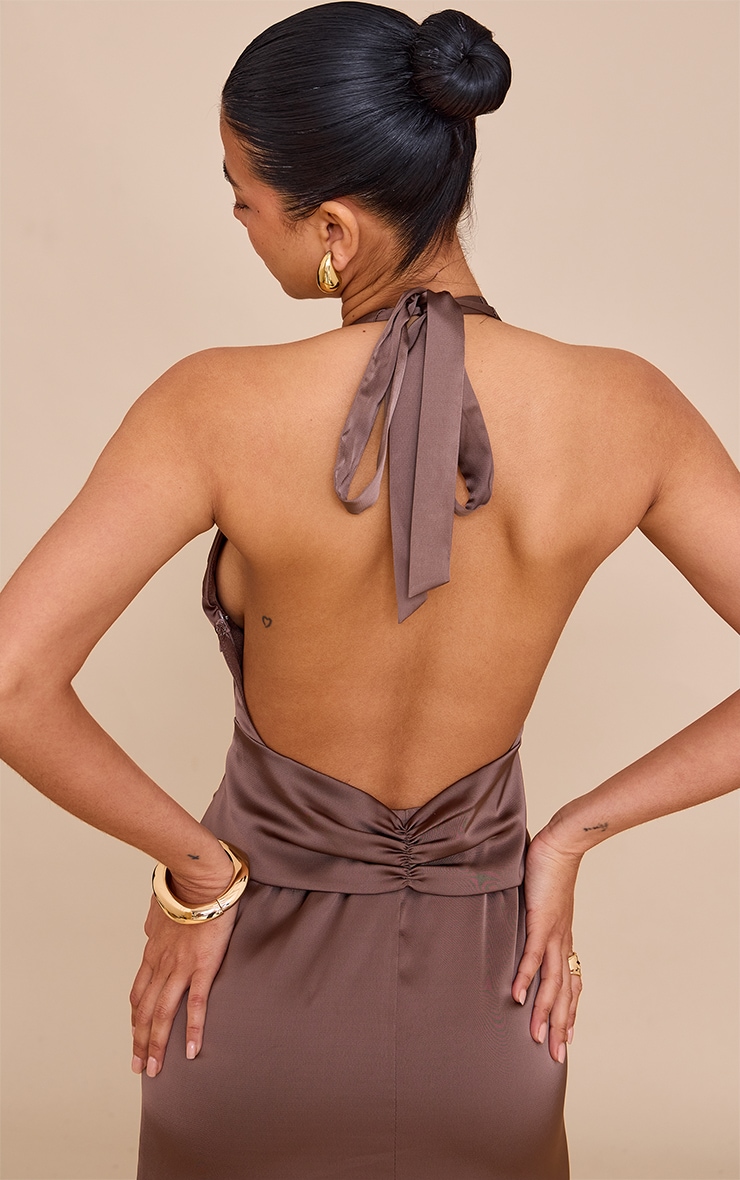 Mushroom Satin Halter Flared Maxi Dress image 4