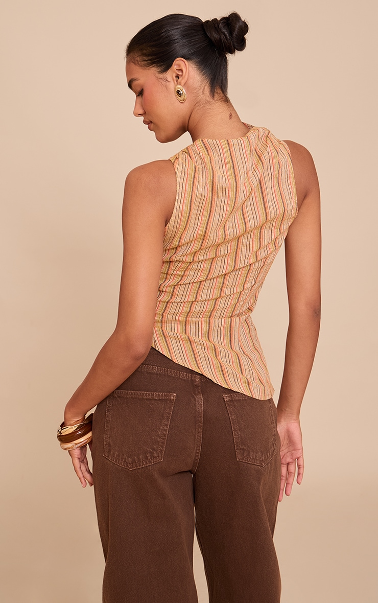 Orange Linen Look Striped Asymmetric Top image 2